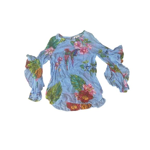 Rene Derhy Parakeet Sequined Ruffled Long Sleeve Blouse Small - Picture 1 of 8